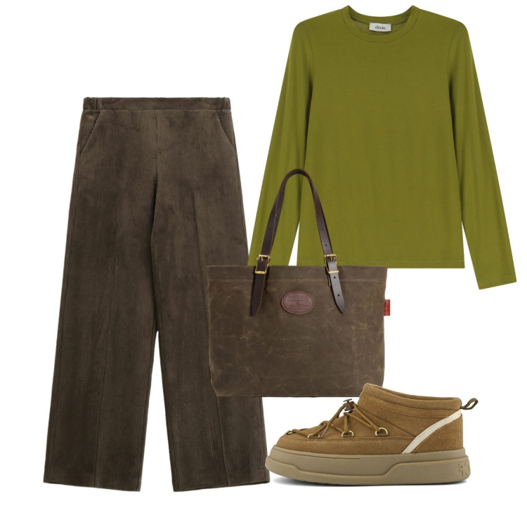 Outfit donna - Novembre. Stile Casual per Tutti i giorni. Abbinamento con pantaloni a palazzo, t-shirt, borse tote, stivaletti.