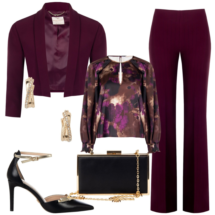 Outfit donna - Festive days. Stile Chic per Serata fuori. Abbinamento con bluse, blazer, pantaloni, décolleté, pochette, orecchini.