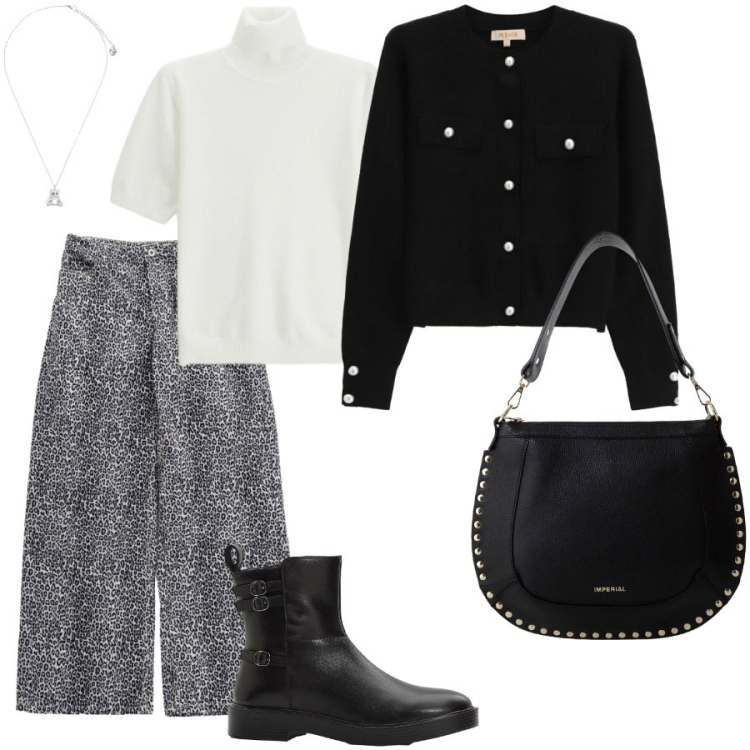 Outfit donna - Total look #2288393. Stile Casual chic per Ufficio. Abbinamento con stivaletti, pantaloni, cardigans, maglieria, borse a spalla, ciondoli.