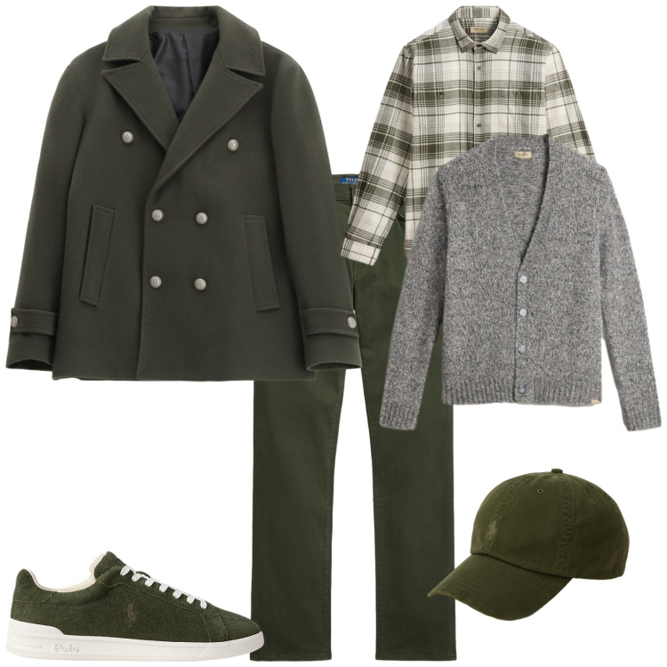 Outfit uomo - Total look #2288394. Stile Trendy per Ufficio. Abbinamento con cappotti, cappelli, sneakers, pantaloni, cardigans, camicie.