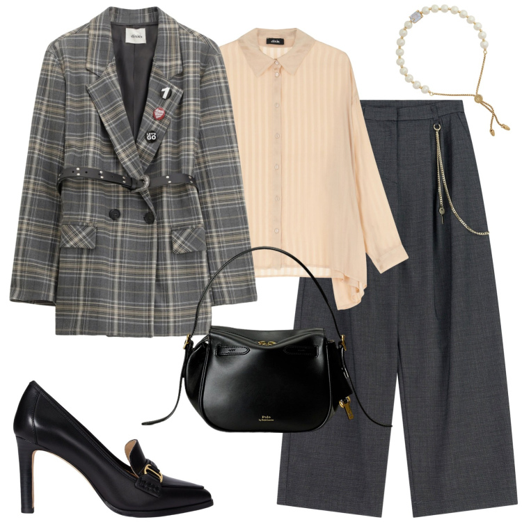 Outfit donna - City. Stile Glamour per Tutti i giorni. Abbinamento con pantaloni a palazzo, blazer, camicie, borse a mano, braccialetti, décolleté.