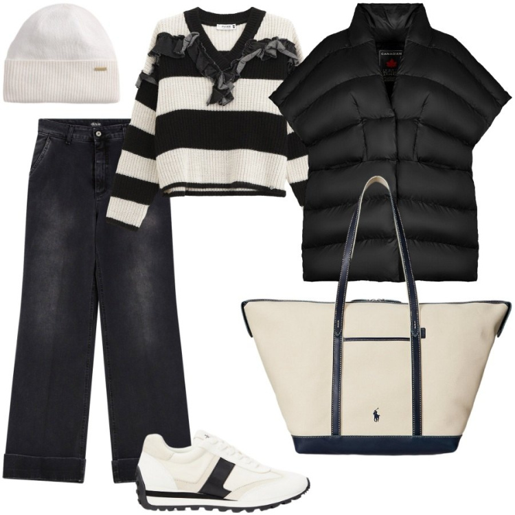 Outfit donna - Colazione in centro. Stile Casual per Tutti i giorni. Abbinamento con maglieria, jeans, sneakers, borse tote, piumini, berretti.