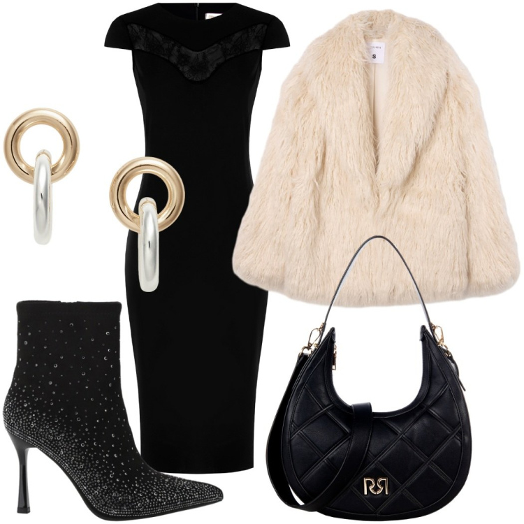 Outfit donna - Tutta eleganza. Stile Chic per Serata fuori. Abbinamento con vestiti midi/longuette, borse a tracolla, ecopellicce, stivaletti, orecchini.