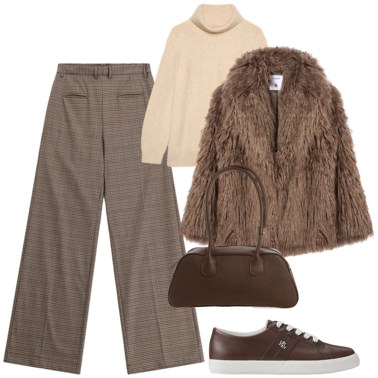 Outfit donna - Novembre. Stile Casual chic per Tutti i giorni. Abbinamento con ecopellicce, pantaloni a palazzo, borse a mano, sneakers, maglieria.