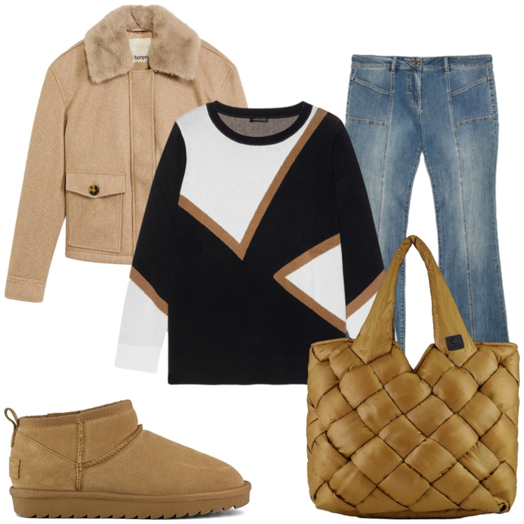 Outfit donna - Il pomeriggio con le ragazze. Stile Casual chic per Tutti i giorni. Abbinamento con piumini, borse tote, jeans, maglieria, stivali.