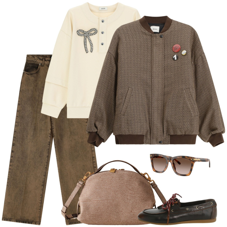 Outfit donna - Bomberissimo. Stile Casual per Scuola/Università. Abbinamento con borse a mano, scarpe stringate, jeans, felpe, bomber, occhiali da sole.