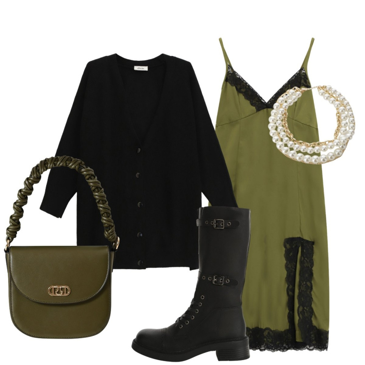 Outfit donna - Contrasti…. Stile Glamour per Serata fuori. Abbinamento con borse a mano, stivali, vestiti midi/longuette, collane, cardigans.