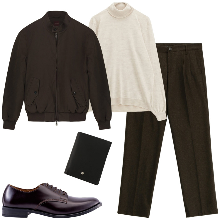 Outfit uomo - Il giubbotto in pelle. Stile Urban per Tutti i giorni. Abbinamento con maglieria, pantaloni, portafogli, scarpe stringate, bomber.