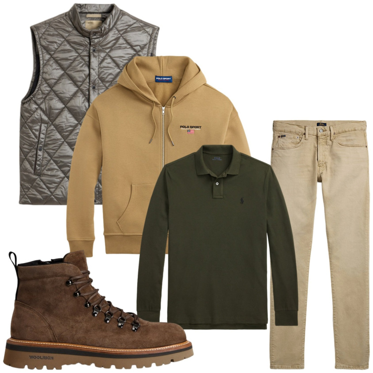 Outfit uomo - Colori invernali. Stile Casual per Tutti i giorni. Abbinamento con jeans, felpe con cappuccio, polo, stivali e stivaletti, gilet.