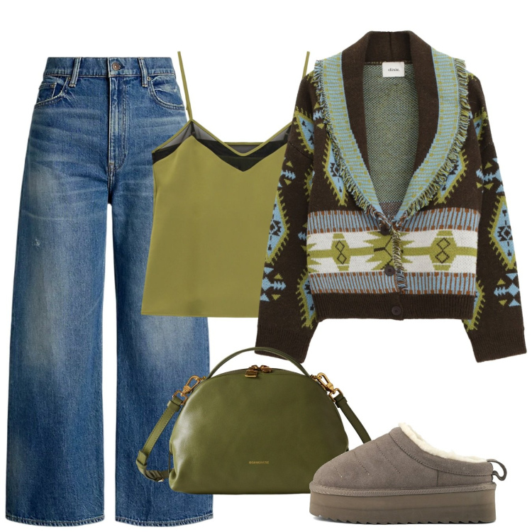 Outfit donna - Novembre. Stile Casual chic per Tutti i giorni. Abbinamento con top, borse a mano, cardigans, jeans, sabot.