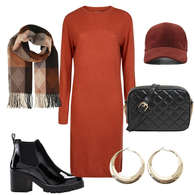 Outfit donna - Idea autunnale. Stile Urban per Tutti i giorni. Abbinamento con stivaletti, sciarpe, borse a tracolla, orecchini, vestiti midi/longuette, cappelli con visiera.