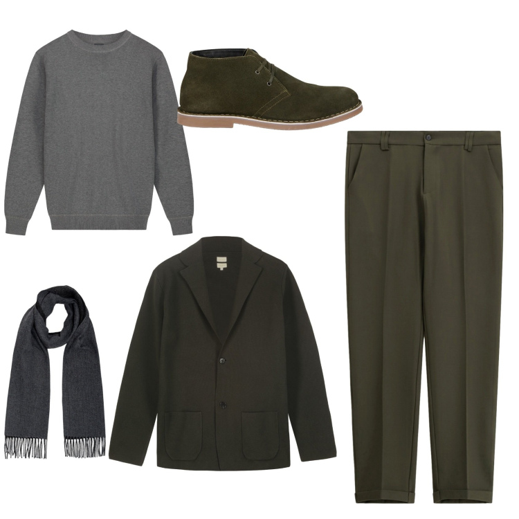 Outfit uomo - Casual chic. Stile Trendy per Tutti i giorni. Abbinamento con pantaloni chino, stivali e stivaletti, giacche, maglieria, sciarpe.
