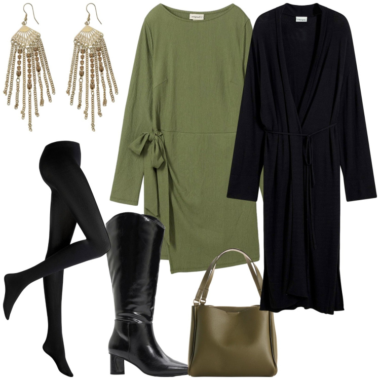 Outfit donna - Total look #2288426. Stile Chic per Serata fuori. Abbinamento con collant, stivali, vestiti, cappotti, borse a mano, orecchini.