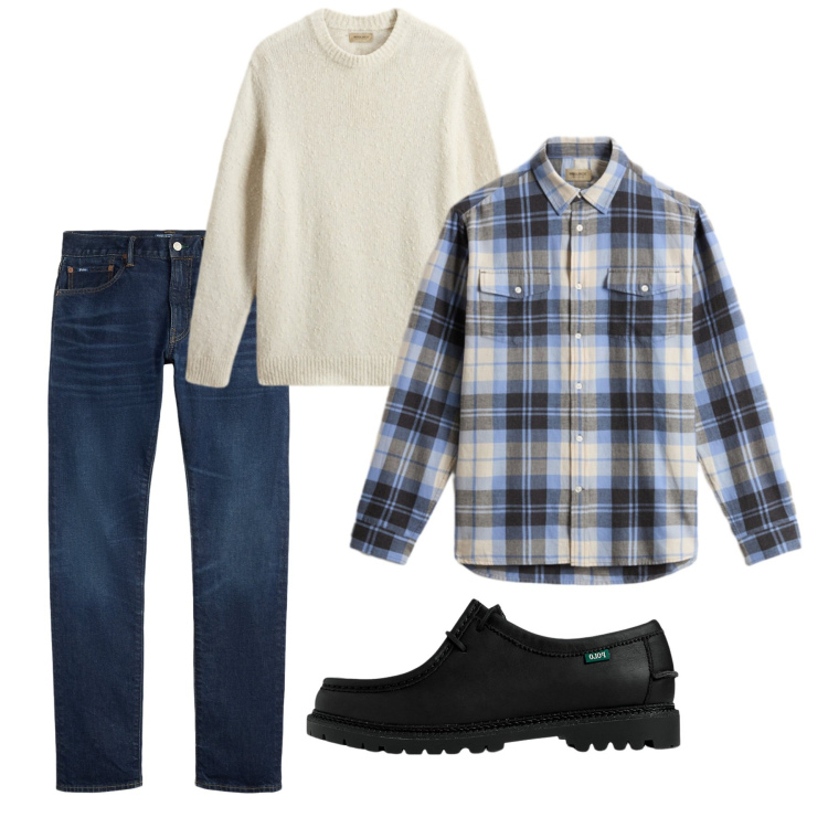 Outfit uomo - Novembre. Stile Casual per Tutti i giorni. Abbinamento con scarpe stringate, jeans, maglieria, camicie.