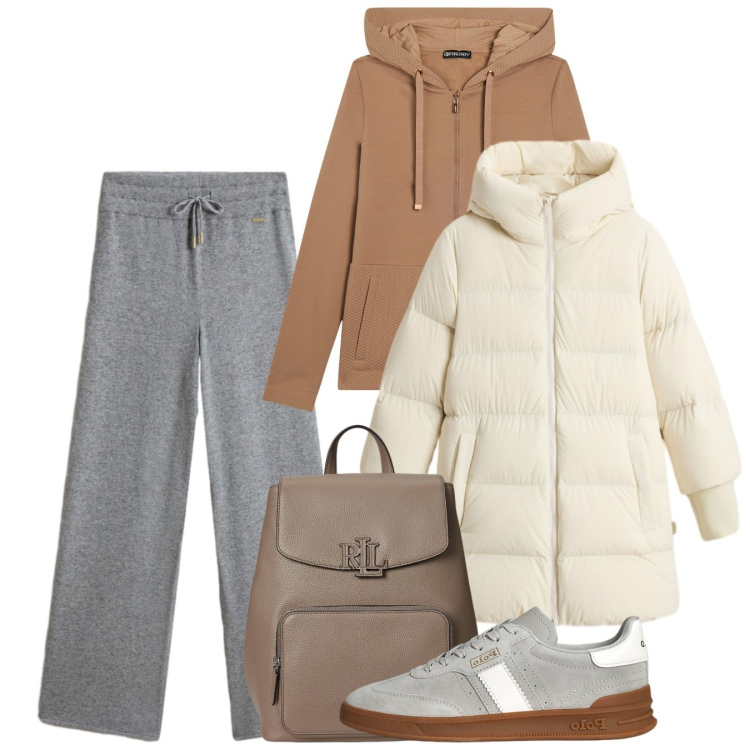 Outfit donna - Sporty. Stile Sporty chic per Sport. Abbinamento con felpe con cappuccio, sneakers, zaini, pantaloni, piumini.