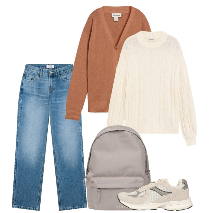 Outfit donna - Basic. Stile Basic per Tutti i giorni. Abbinamento con cardigans, maglieria, sneakers, zaini, jeans dritti.