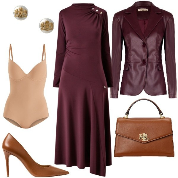 Outfit donna - total bordeaux. Stile Chic per Cerimonia. Abbinamento con vestiti midi/longuette, blazer, body, borse a mano, orecchini, décolleté.
