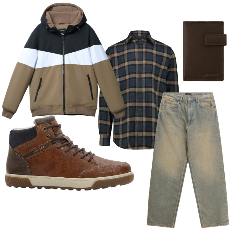 Outfit uomo - Una giornata con le castagne. Stile Casual per Tutti i giorni. Abbinamento con sneakers alte, piumini, jeans, portafogli, camicie.