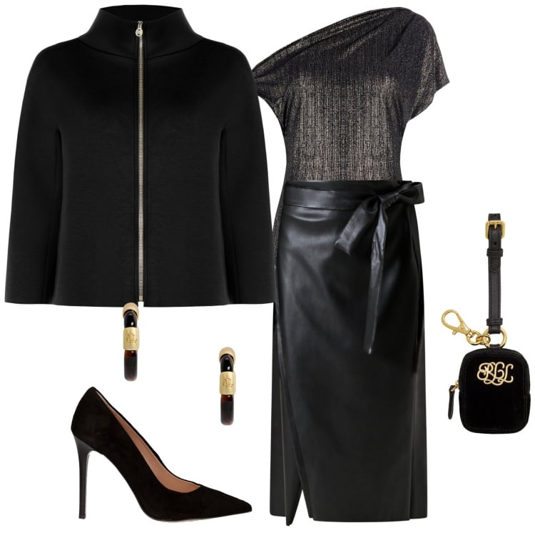 Outfit donna - Black night. Stile Glamour per Serata fuori. Abbinamento con gonne longuette, bluse, cappe, pochette, orecchini, décolleté.