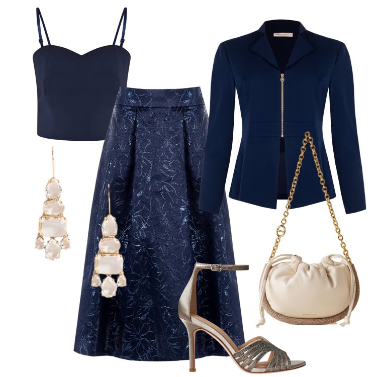 Outfit donna - Gran serata in blu. Stile Chic per Cerimonia. Abbinamento con gonne longuette, blazer, top, borse a spalla, orecchini, sandali gioiello.