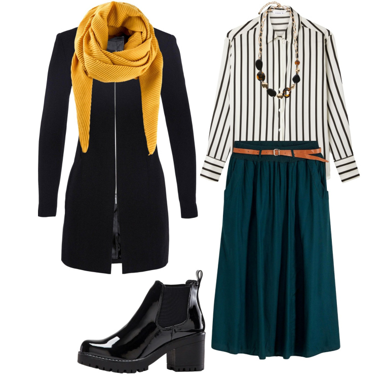 Outfit donna - La sciarpa gialla. Stile Casual per Ufficio. Abbinamento con foulard, stivaletti, gonne lunghe, blazer, camicie, collane.