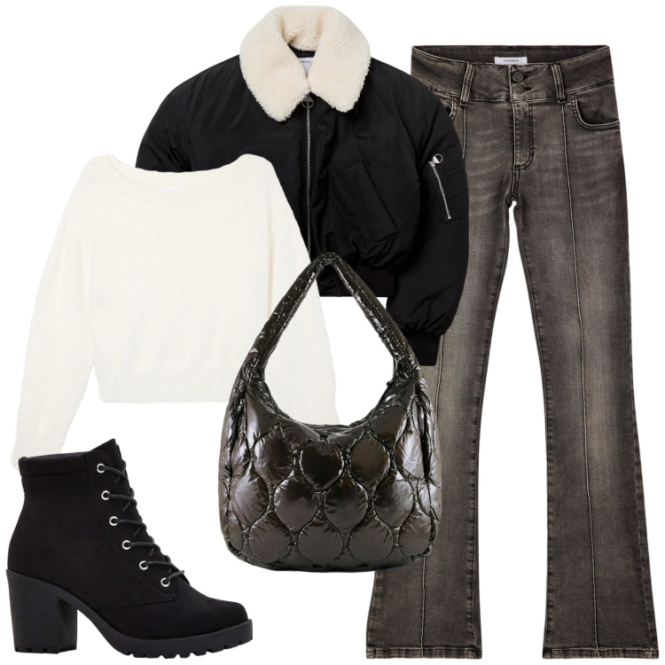 Outfit donna - Autunno in città. Stile Casual per Tutti i giorni. Abbinamento con stivaletti, jeans, maglieria, blazer, borse tote.