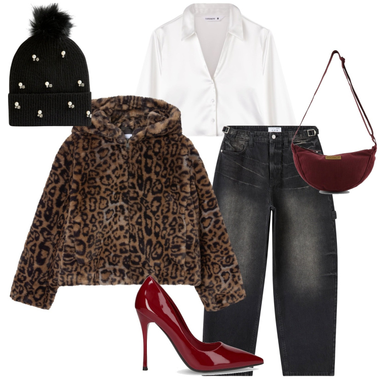 Outfit donna - Serata di festa. Stile Casual chic per Serata fuori. Abbinamento con jeans, ecopellicce, berretti, camicie, borse a tracolla, décolleté.