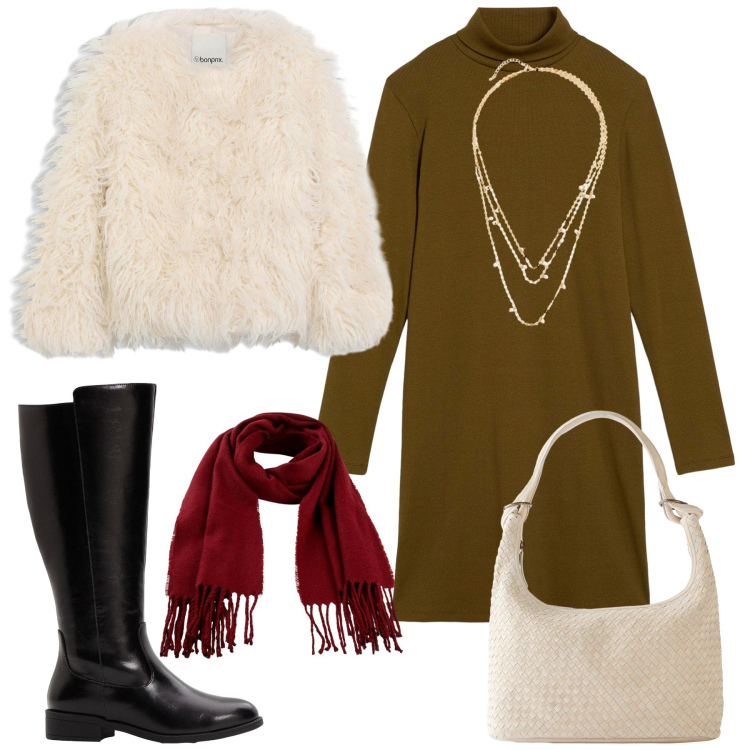 Outfit donna - Bonprix Day to Night. Stile Glamour per Tutti i giorni. Abbinamento con vestiti, ecopellicce, shopping bag, sciarpe, collane, stivali.