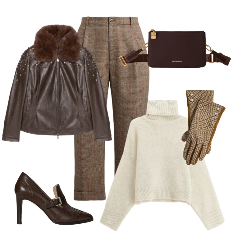 Outfit donna - In città con stile. Stile Casual chic per Tutti i giorni. Abbinamento con maglieria, borse a tracolla, décolleté, pantaloni, guanti, giacche.