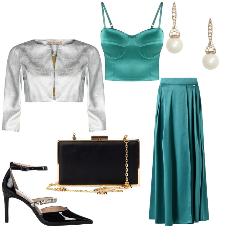 Outfit donna - Rinascimento - Black Friday 2025. Stile Romantica per Cerimonia. Abbinamento con bolero, pochette, décolleté, gonne lunghe, canottiere, orecchini.