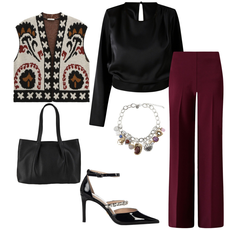 Outfit donna - Il gilet protagonista. Stile Glamour per Ufficio. Abbinamento con shopping bag, bluse, pantaloni a palazzo, décolleté, braccialetti con ciondoli, gilet.