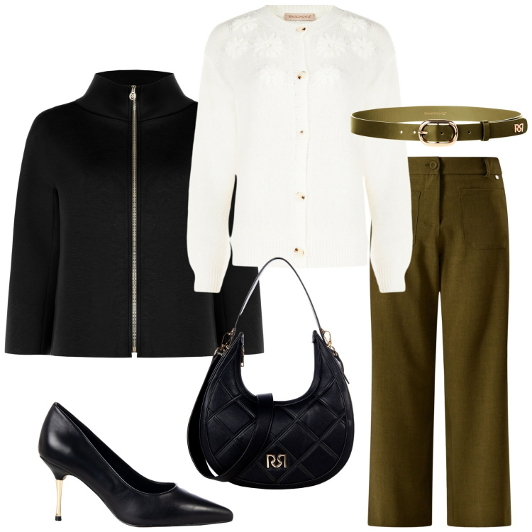 Outfit donna - Rinascimento - Black Friday 2025. Stile Minimal per Ufficio. Abbinamento con cardigans, cappe, pantaloni, borse a tracolla, décolleté, cinture.