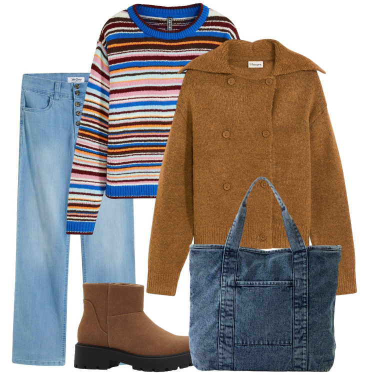 Outfit donna - Casual tre C. Stile Casual per Tutti i giorni. Abbinamento con jeans dritti, shopping bag, maglieria, cardigans, stivaletti.