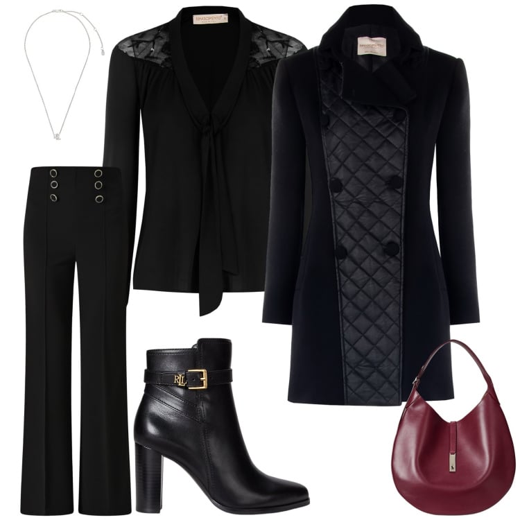 Outfit donna - Nero per ogni occasione. Stile Glamour per Ufficio. Abbinamento con cappotti, pantaloni, bluse, ciondoli, borse a spalla, stivaletti.