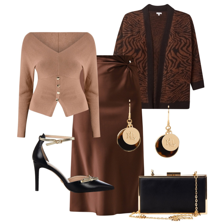 Outfit donna - A cena con stile. Stile Chic per Serata fuori. Abbinamento con gonne longuette, maglieria, décolleté, pochette, cardigans, orecchini.