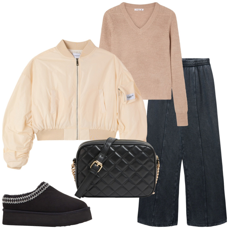 Outfit donna - La mia giacca bomber. Stile Minimal per Scuola/Università. Abbinamento con stivaletti, maglieria, pantaloni, borse a tracolla, bomber.