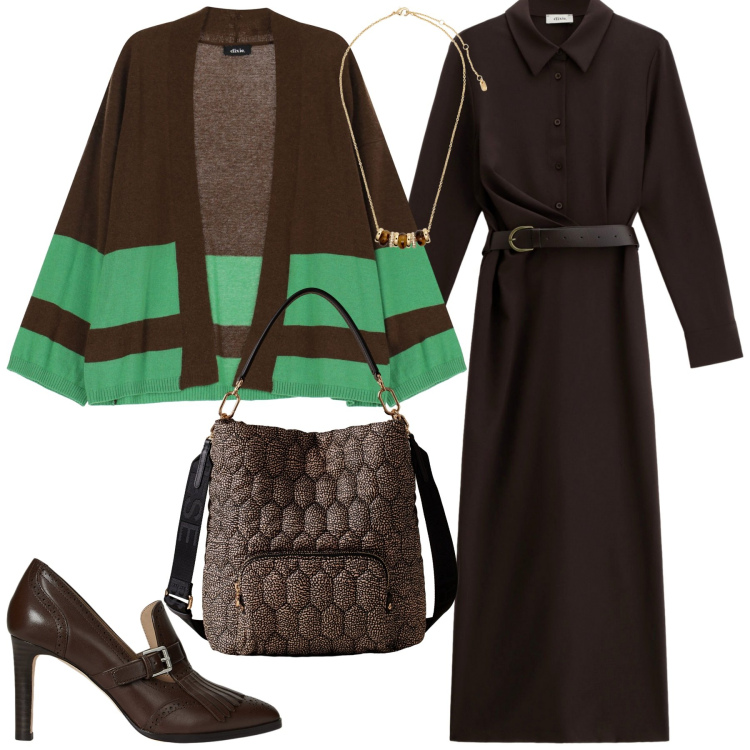 Outfit donna - Il mese del cardigan. Stile Glamour per Serata fuori. Abbinamento con cardigans, vestiti lunghi, borse a secchiello, décolleté, collane.