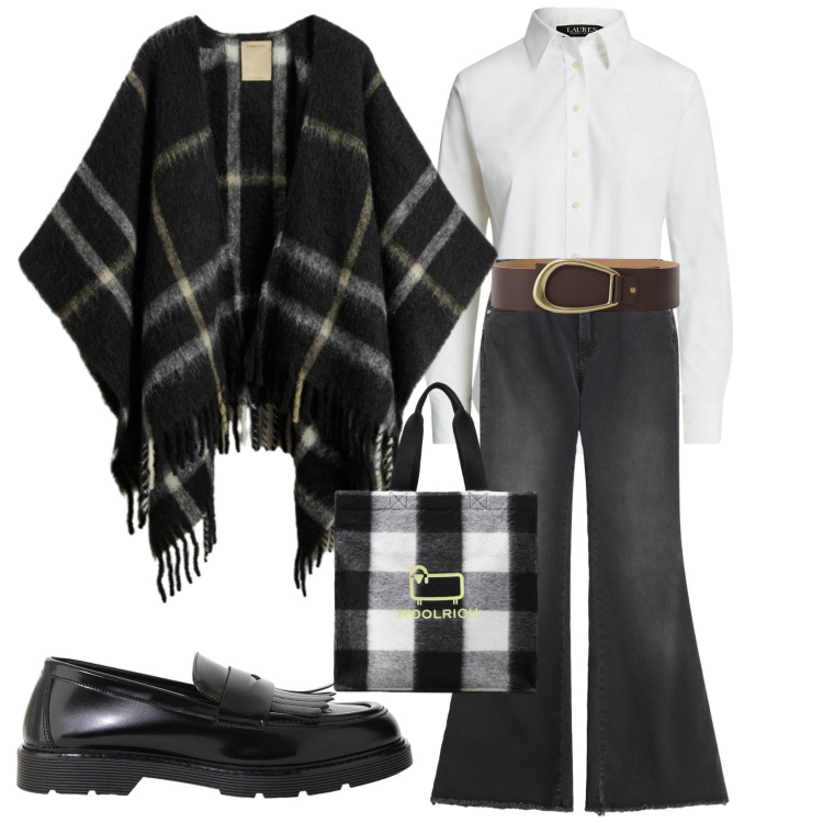 Outfit donna - Total look #2288469. Stile Casual chic per Tutti i giorni. Abbinamento con jeans a zampa, mocassini, cinture, camicie, cappe, borse tote.