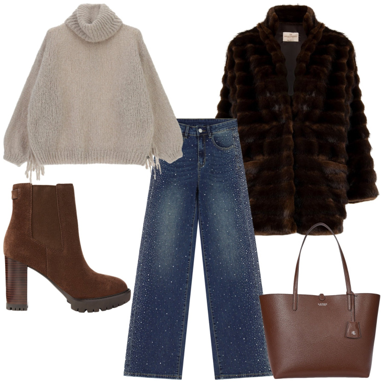 Outfit donna - Caldo e confortevole. Stile Casual per Tutti i giorni. Abbinamento con cappotti, maglieria, jeans, stivaletti chelsea, borse tote.