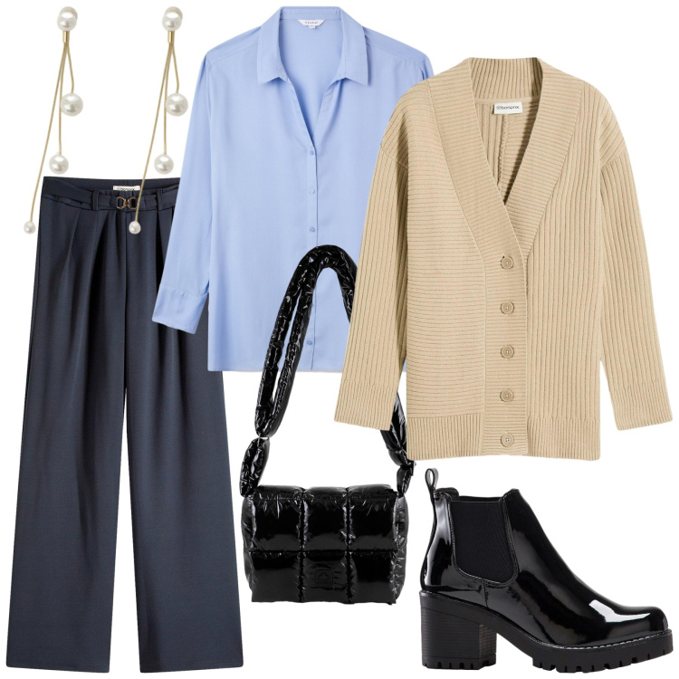 Outfit donna - Il mese del cardigan. Stile Minimal per Ufficio. Abbinamento con stivaletti, cardigans, pantaloni, camicie, orecchini, borse a spalla.