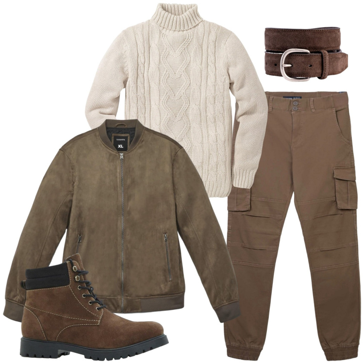 Outfit uomo - Total look #2288472. Stile Casual per Tutti i giorni. Abbinamento con maglieria, stivali e stivaletti, pantaloni cargo, giacche, cinture.