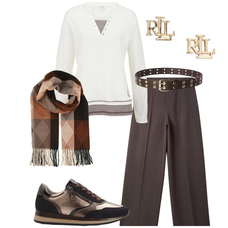 Outfit donna - Giornata in città - Focus Donna Curvy It. Stile Casual chic per Tutti i giorni. Abbinamento con maglieria, sneakers, sciarpe, pantaloni, cinture, orecchini.