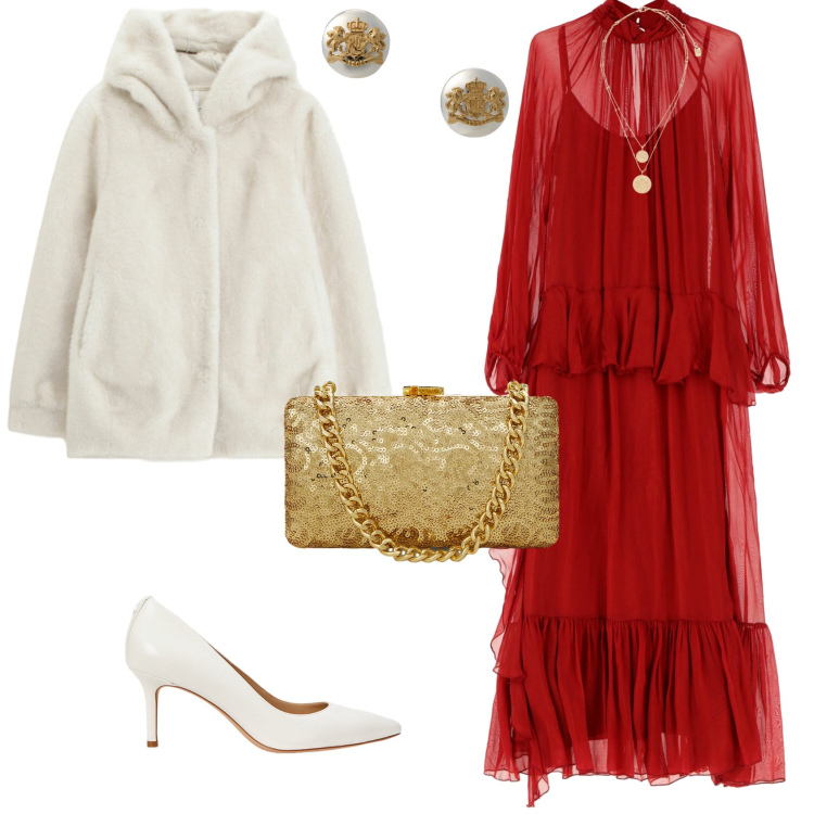 Outfit donna - Glamour serata evento festività. Stile Glamour per Serata fuori. Abbinamento con ecopellicce, vestiti lunghi, ciondoli, orecchini, décolleté, clutch.