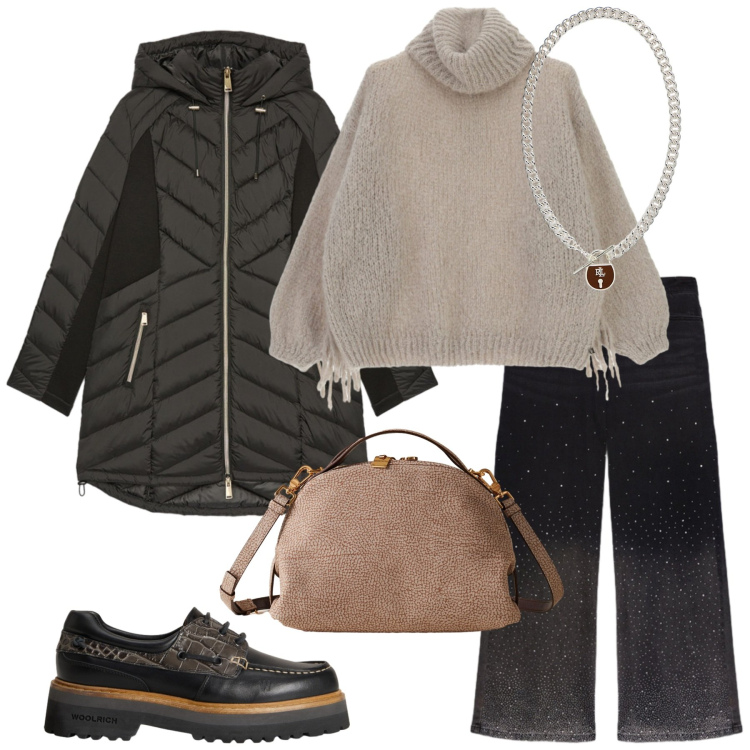 Outfit donna - Giornata in città - Focus Donna Curvy. Stile Minimal per Tutti i giorni. Abbinamento con borse a mano, maglieria, ciondoli, mocassini, jeans, piumini.