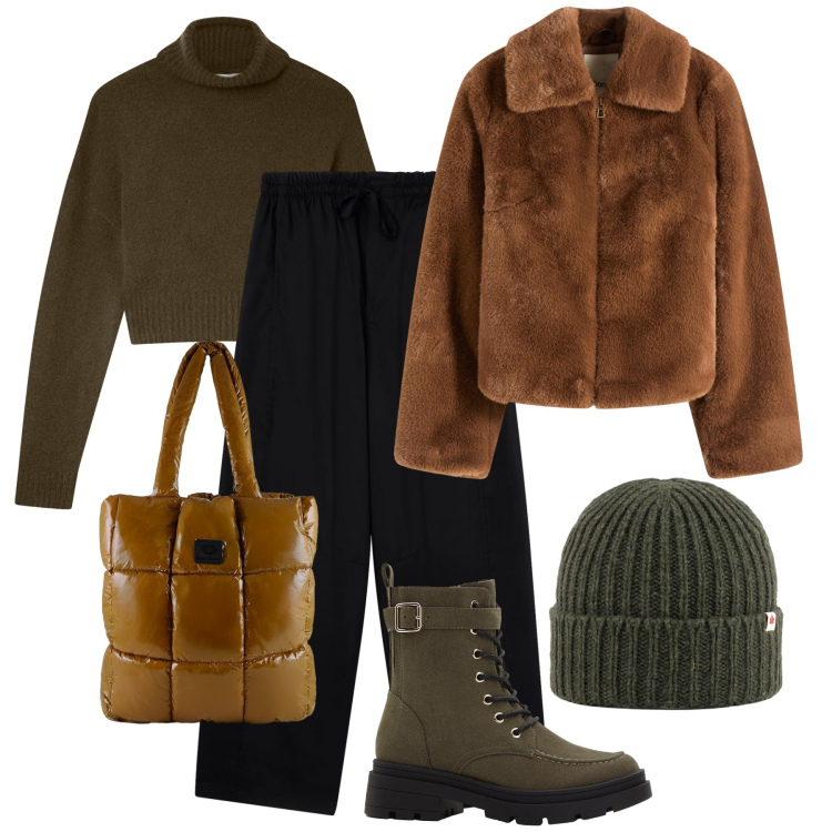 Outfit donna - Città in trend. Stile Urban per Tutti i giorni. Abbinamento con ecopellicce, stivaletti, pantaloni, maglieria, shopping bag, berretti.