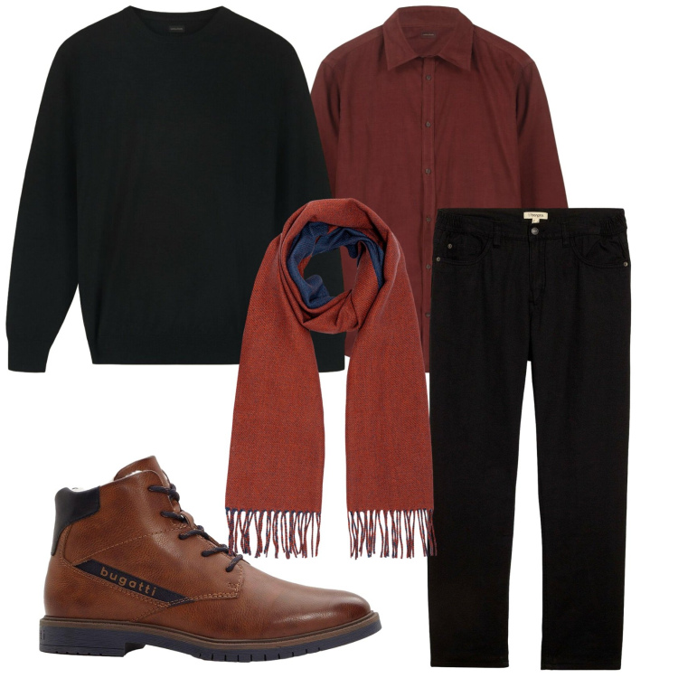 Outfit uomo - Total look #2288478. Stile Casual per Tutti i giorni. Abbinamento con pantaloni, stivali e stivaletti, sciarpe, camicie, pullovers.