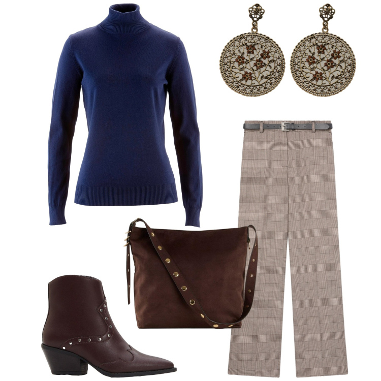 Outfit donna - Total look #2288481. Stile Minimal per Ufficio. Abbinamento con maglieria, stivaletti texani, shopping bag, pantaloni, orecchini.