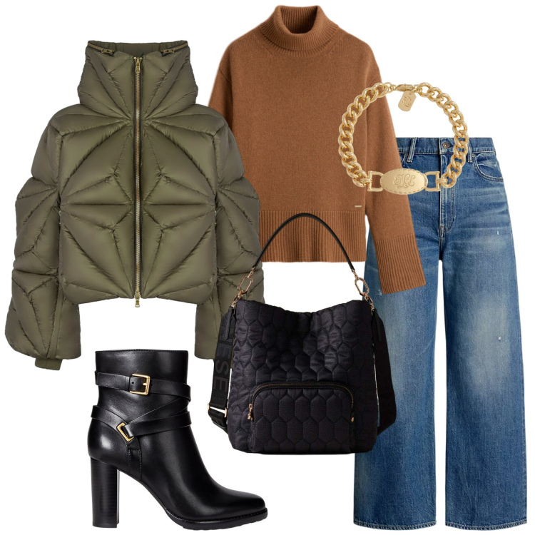 Outfit donna - Total look #2288485. Stile Glamour per Serata fuori. Abbinamento con borse a secchiello, jeans, braccialetti, stivaletti, piumini, maglieria.