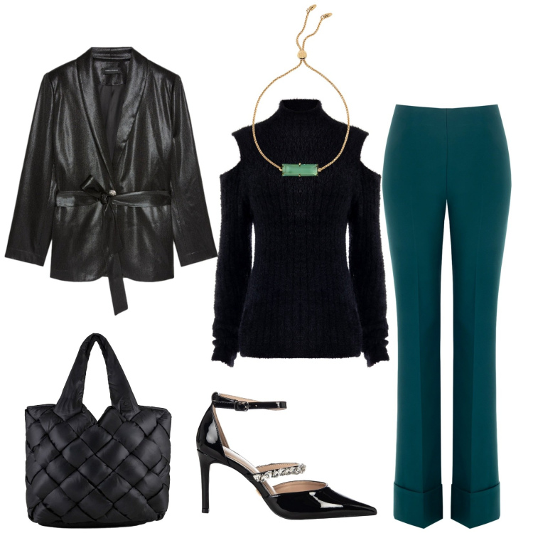 Outfit donna - Total look #2288487. Stile Chic per Serata fuori. Abbinamento con pantaloni a palazzo, maglieria, décolleté, braccialetti, borse tote, blazer.