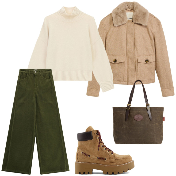 Outfit donna - Il pantalone di velluto verde. Stile Military per Tutti i giorni. Abbinamento con piumini, maglieria, pantaloni a palazzo, borse tote, stivaletti.